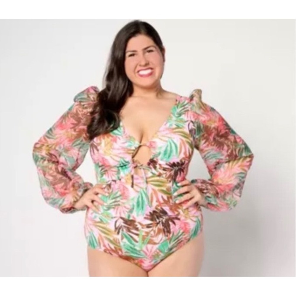 Kim Gravel x Swimsuits For All Tropical Leaf Long Sleeve One Piece Swimsuit 24W